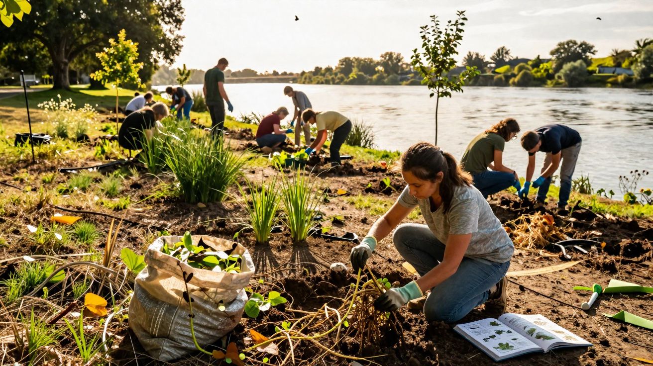 Grupo de pessoas plantando mudas em área próxima a um rio durante o dia ensolarado.