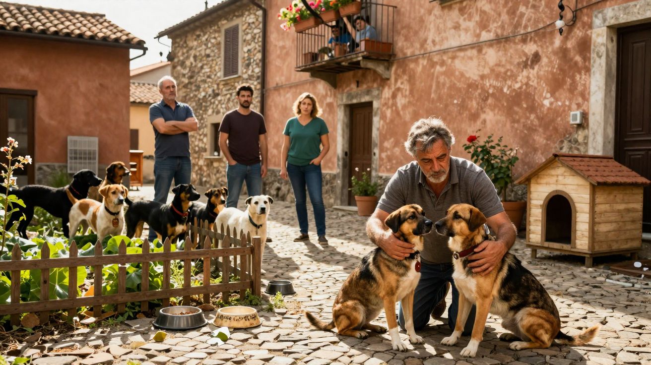 Homem abraça dois cães em pátio de casa, com outras pessoas e cachorros ao fundo.