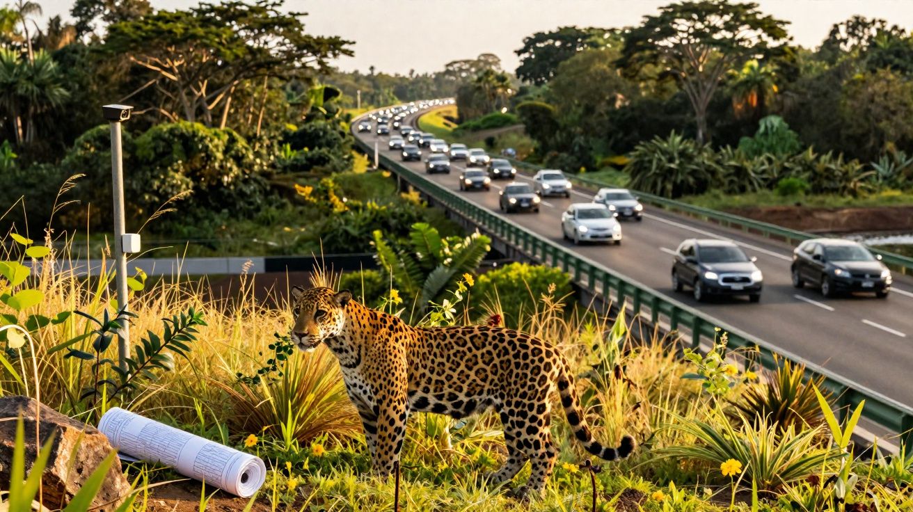 Onça-pintada na vegetação ao lado de estrada movimentada com carros em área de mata verde.