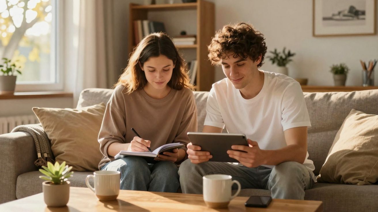 Jovem casal sentado no sofá estudando, ela escreve no caderno e ele usa tablet, mesa com xícaras e planta à frente.