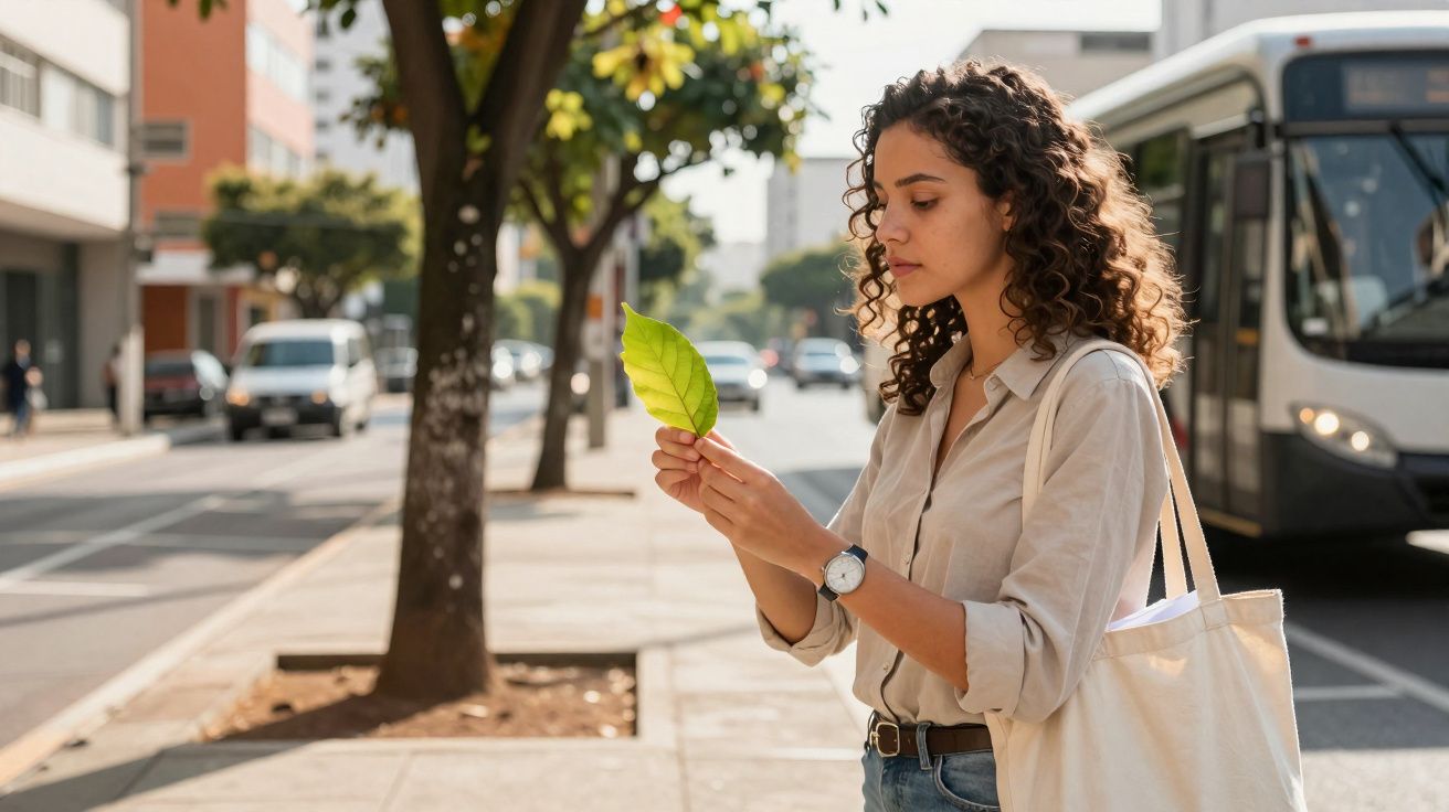 Mulher jovem segurando folha verde e observando em calçada movimentada de cidade com ônibus ao fundo.