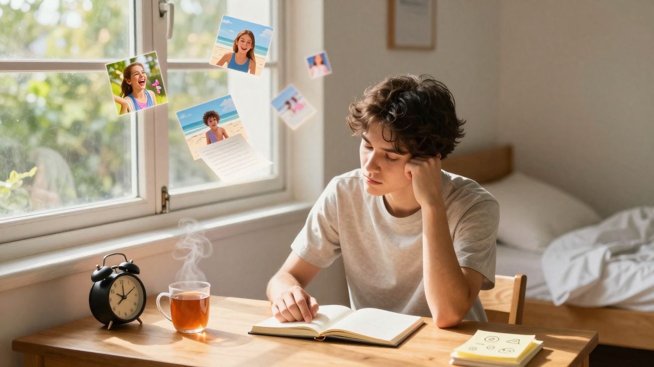 Jovem pensativo lendo livro em mesa com chá e relógio, fotos flutuando ao redor na luz da manhã.