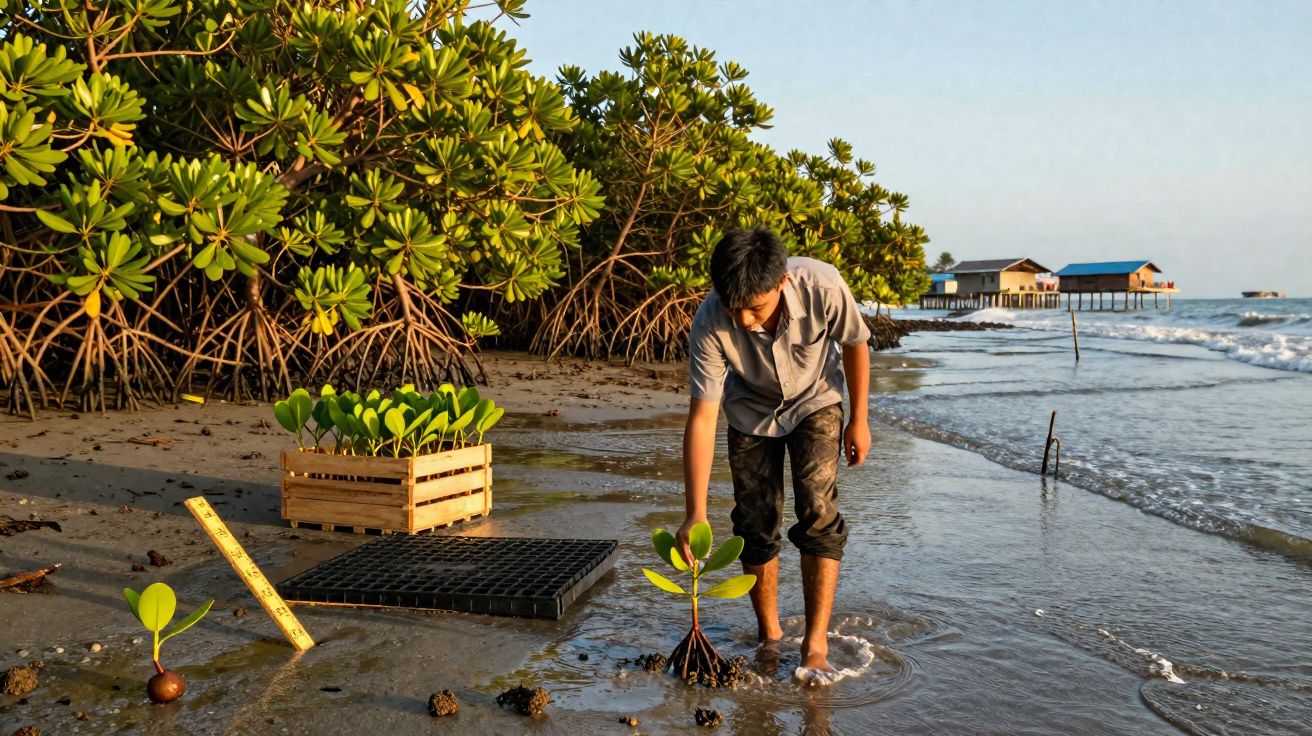 Homem plantando muda de mangue na praia com estacas e mudas ao redor ao entardecer.
