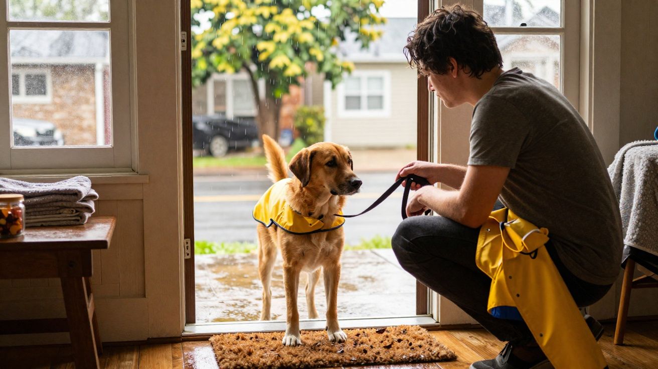 Homem de roupa cinza segurando coleira de cachorro com capa amarela na porta em dia chuvoso.