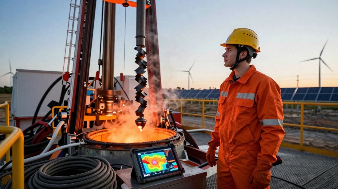 Homem com macacão e capacete amarelo observa equipamento industrial em planta de energia com painéis solares e turbinas eólic