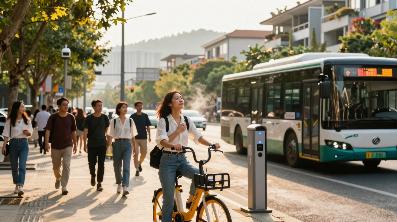 Mulher de bicicleta elétrica exalando vapor em calçada movimentada de cidade ensolarada com pedestres e ônibus.