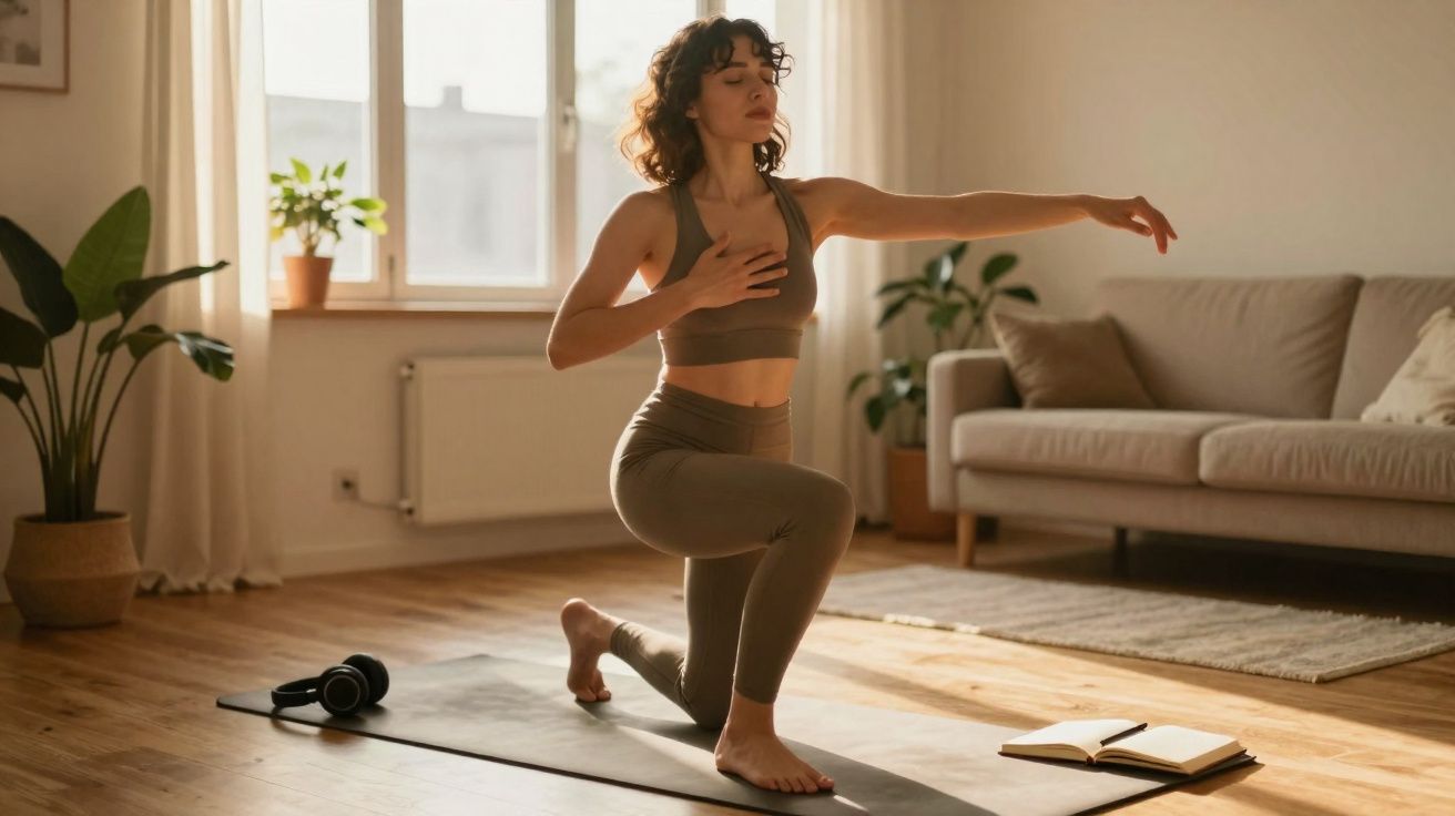 Mulher fazendo exercícios de yoga em tapete na sala iluminada com plantas e sofá ao fundo.