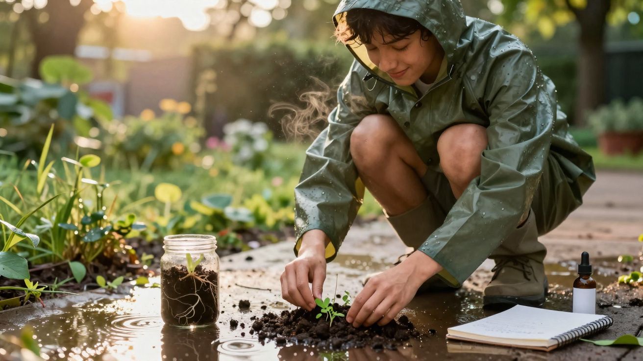 Criança com capa de chuva plantando mudas no jardim em dia chuvoso, ao lado de pote com terra e caderno aberto.