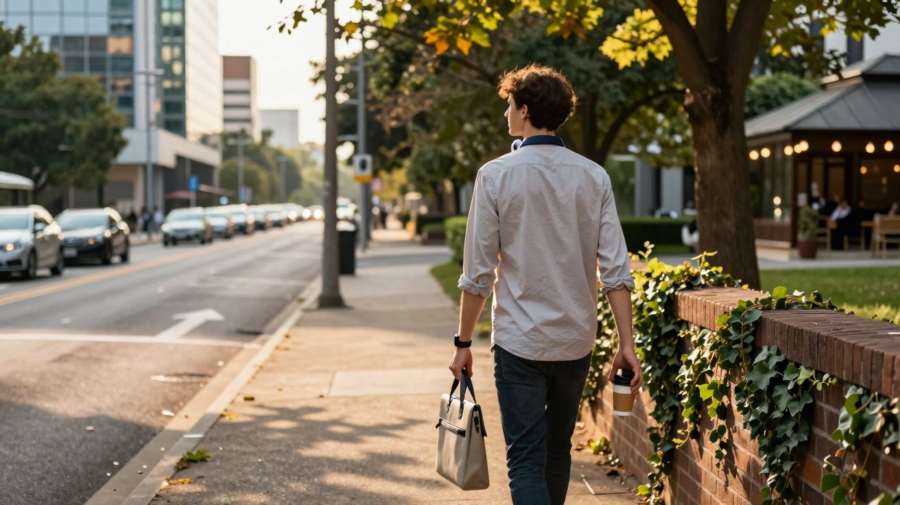 Homem jovem andando na calçada com bolsa e copo em mão, ao lado de muro com planta trepadeira.