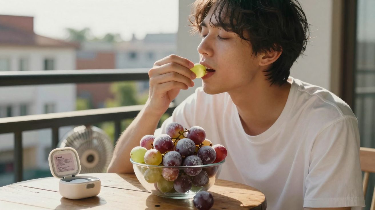 Jovem vestindo camiseta branca comendo uvas sentando à mesa com tigela de uvas na varanda.