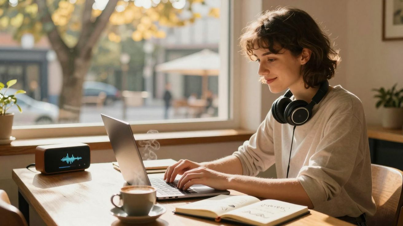 Jovem usando laptop e fones de ouvido sentada em mesa de madeira com café e caderno em espaço iluminado.