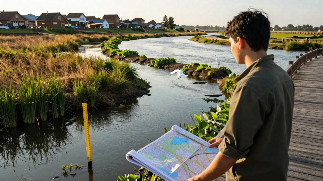 Homem observa mapa ao lado de rio com vegetação e casas ao fundo, em caminho de madeira.