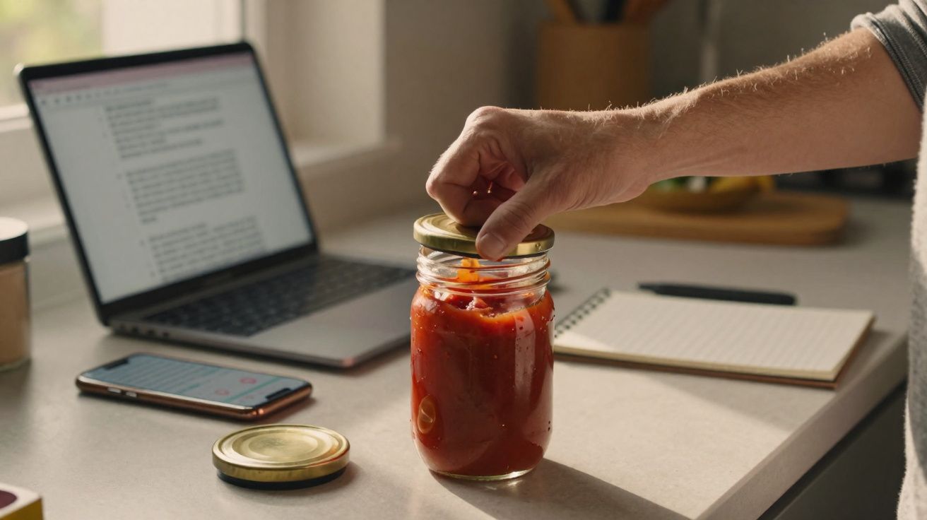 Mão fechando pote de vidro com molho vermelho na mesa ao lado de notebook, celular e caderno.