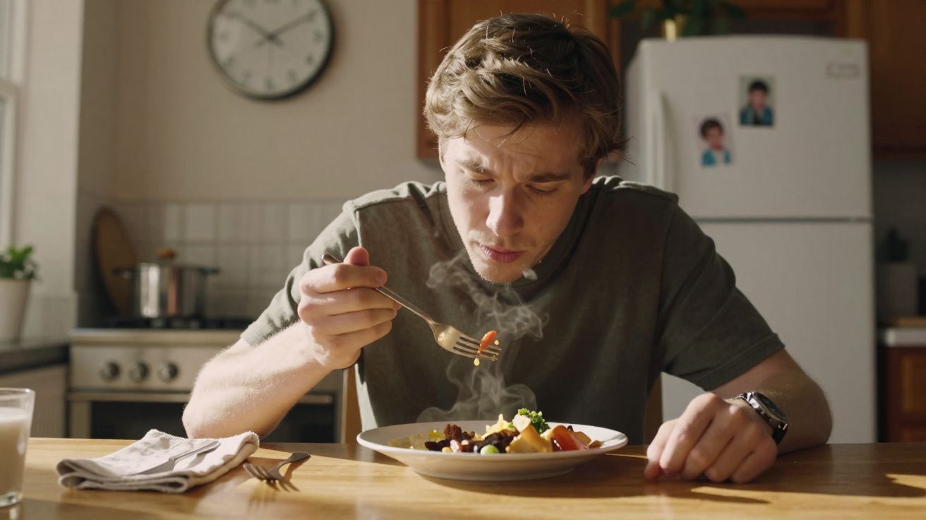 Homem jovem sentado à mesa em cozinha, comendo refeição quente e olhando para o prato.