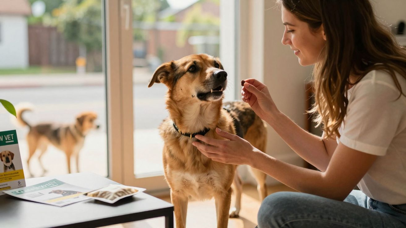 Mulher dando petisco para cachorro com coleira dentro de casa, próximo a uma mesa e porta de vidro.