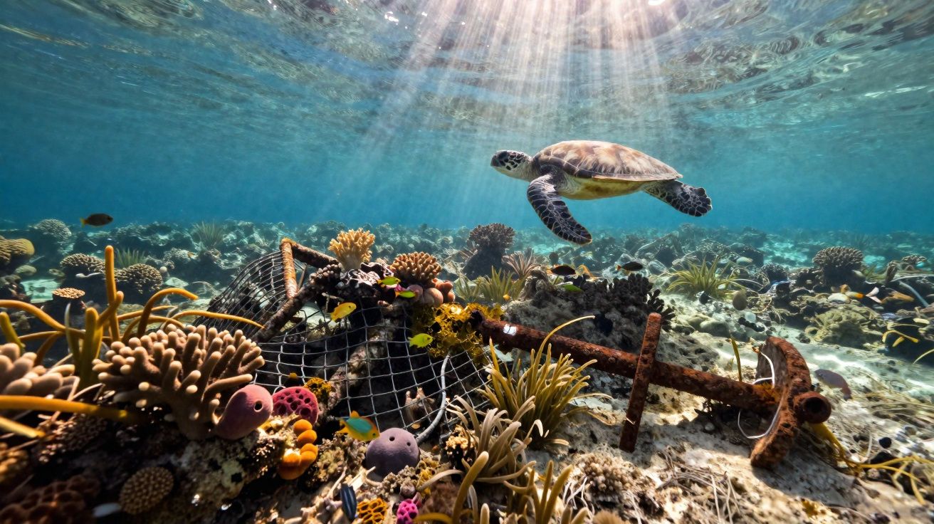 Tartaruga marinha nadando próximo a um antigo âncora e rede entre corais e peixes coloridos.