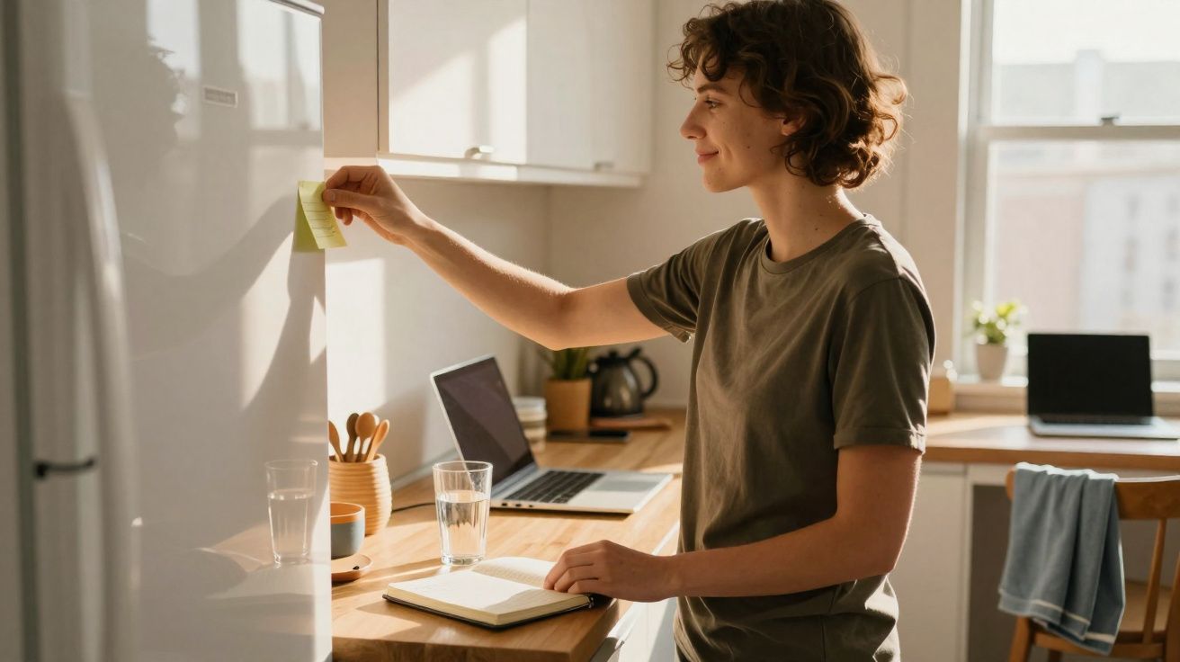 Pessoa jovem coloca bilhete adesivo na geladeira em cozinha iluminada, com laptop e caderno sobre a bancada.