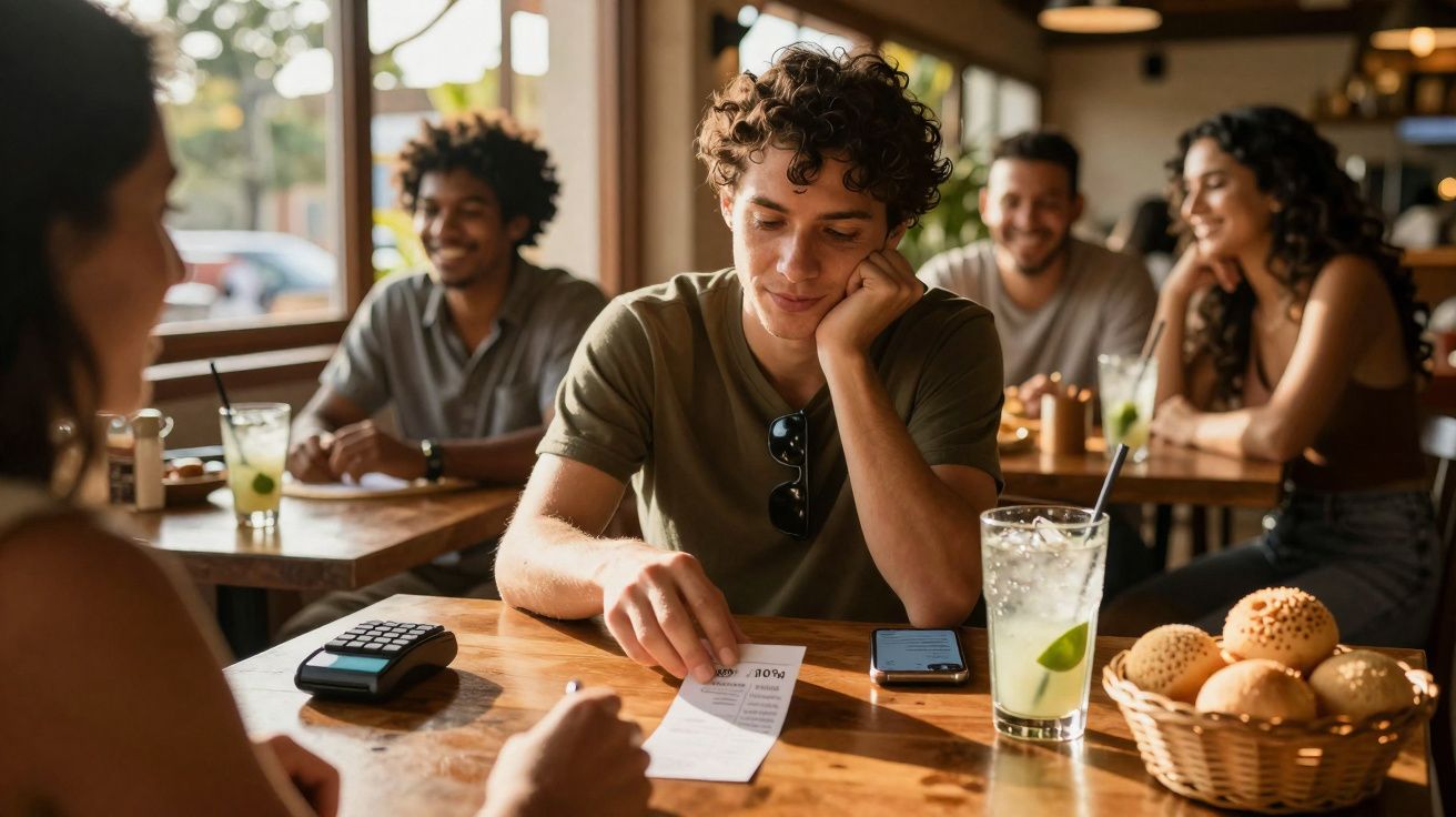 Jovem analisando conta em restaurante, com amigos ao fundo e cesta de pães na mesa.
