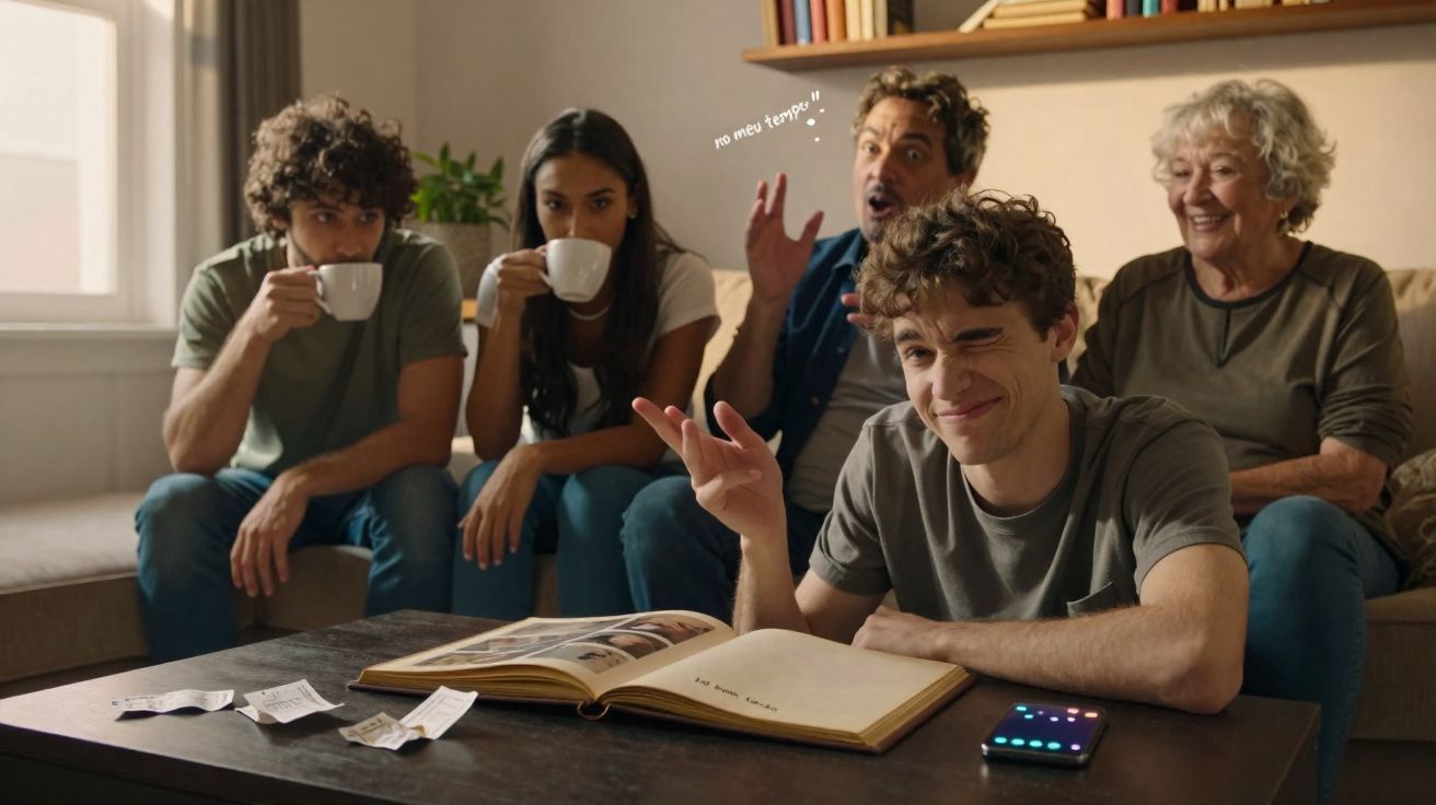 Jovem piscando para a câmera com livro aberto, enquanto família senta no sofá ao fundo, alguns bebendo café.