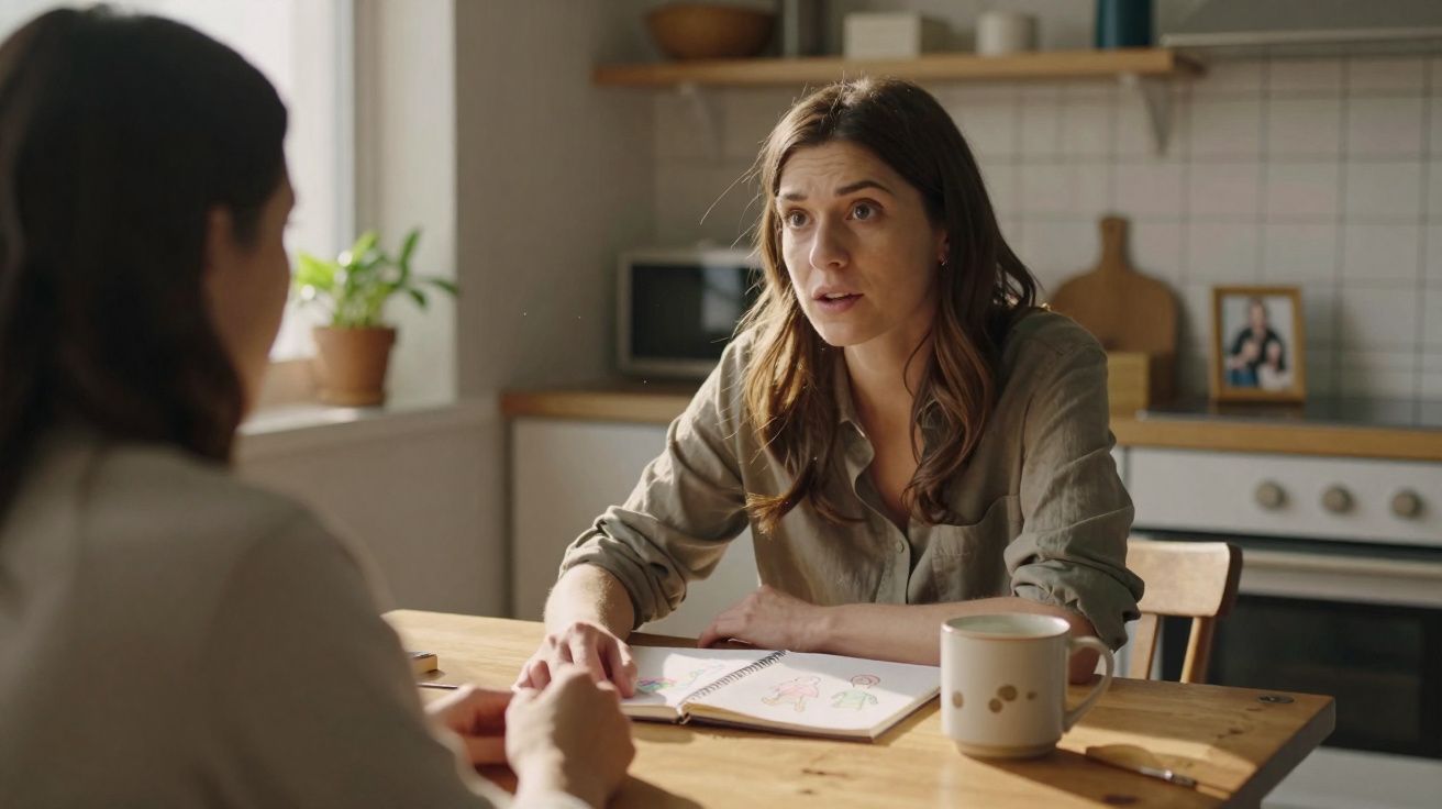 Duas mulheres conversando em uma cozinha, uma segurando a mão da outra sobre uma mesa de madeira.
