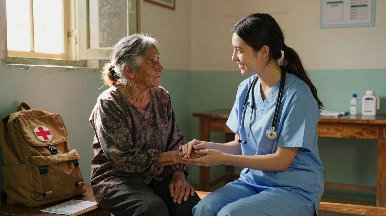 Enfermeira sorridente segurando as mãos de idosa em sala de consulta simples e iluminada.