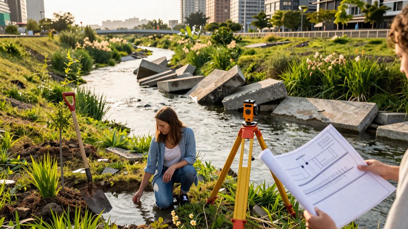 Engenheiros analisam projeto ambiental perto de rio urbano com instrumentos topográficos e plantas ao redor.