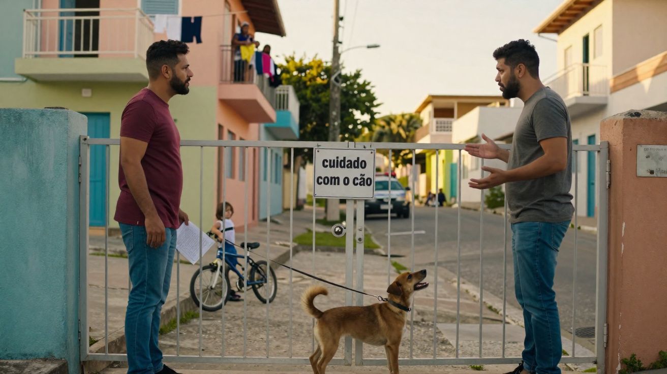 Dois homens discutindo na frente de um portão com placa "cuidado com o cão" e cachorro entre eles.