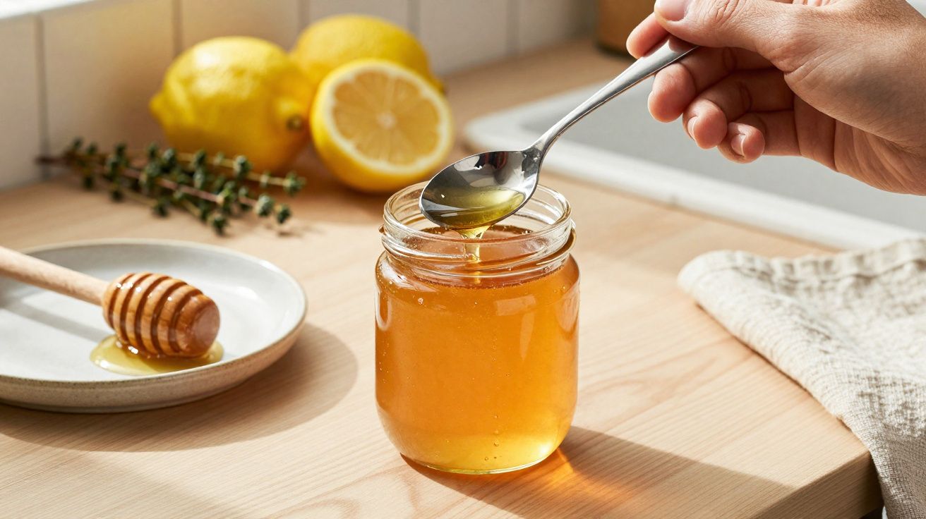 Pote de mel com colher sendo mergulhada, limões e colher de madeira com mel sobre mesa de madeira clara.