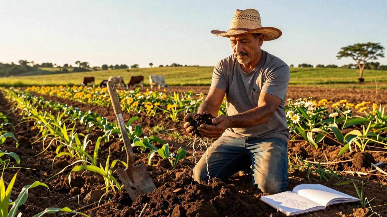 Agricultor com chapéu avaliando terra em plantação com flores, pá e caderno aberto ao lado.