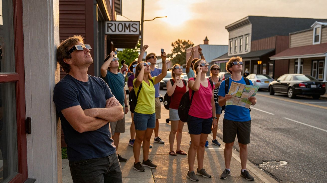 Grupo de pessoas na calçada usando óculos especiais para olhar o céu durante o pôr do sol.