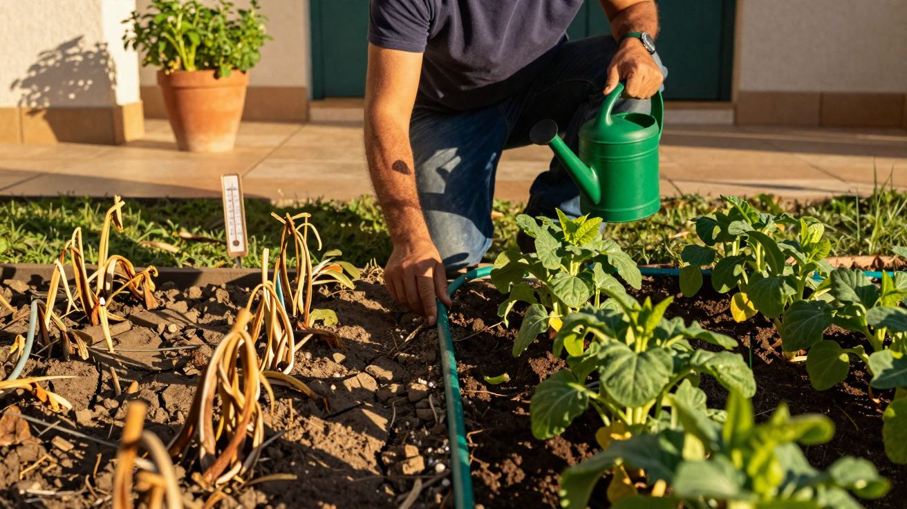 Homem regando plantas verdes em jardim cultivado ao ar livre em dia ensolarado.