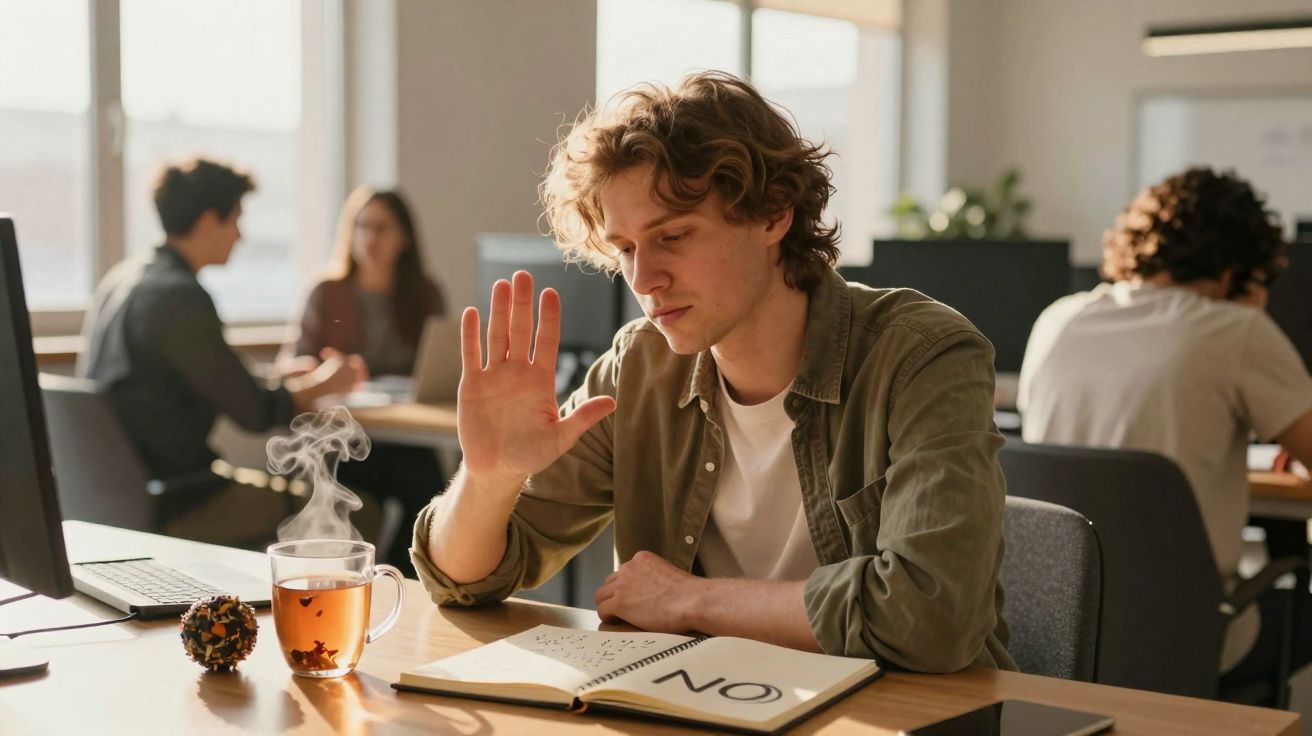 Jovem recusando bebida quente enquanto estuda em ambiente de coworking iluminado pela luz natural.