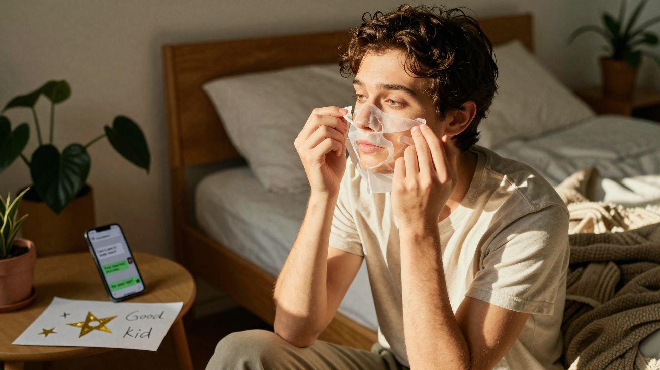 Jovem sentado no quarto aplicando máscara facial transparente no rosto durante o dia.