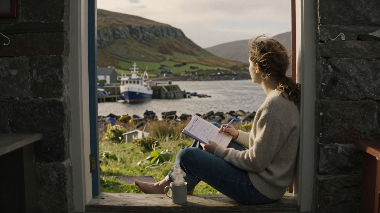 Mulher sentada na porta de pedra, escrevendo em caderno e olhando para barco no lago com montanhas ao fundo.