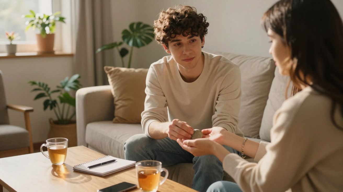 Jovem entrega moeda para mulher durante conversa em sala com sofá, plantas e duas xícaras de chá na mesa.
