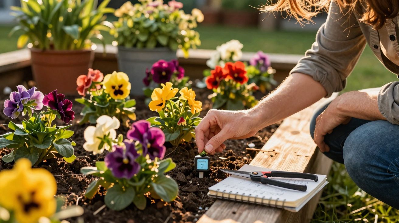 Pessoa ajusta sensor de umidade no canteiro de flores coloridas em jardim ensolarado.