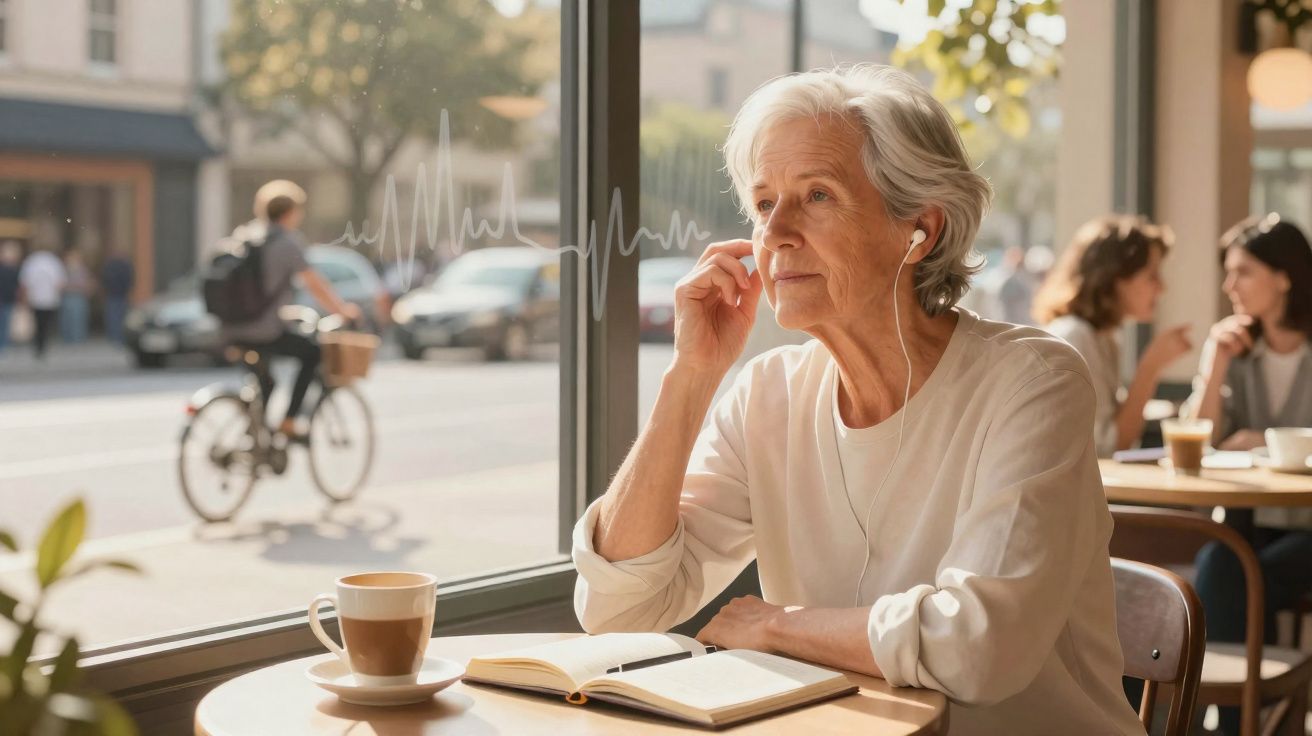 Mulher idosa sentada em cafeteria, ouvindo música com fones e olhando pela janela para a rua.