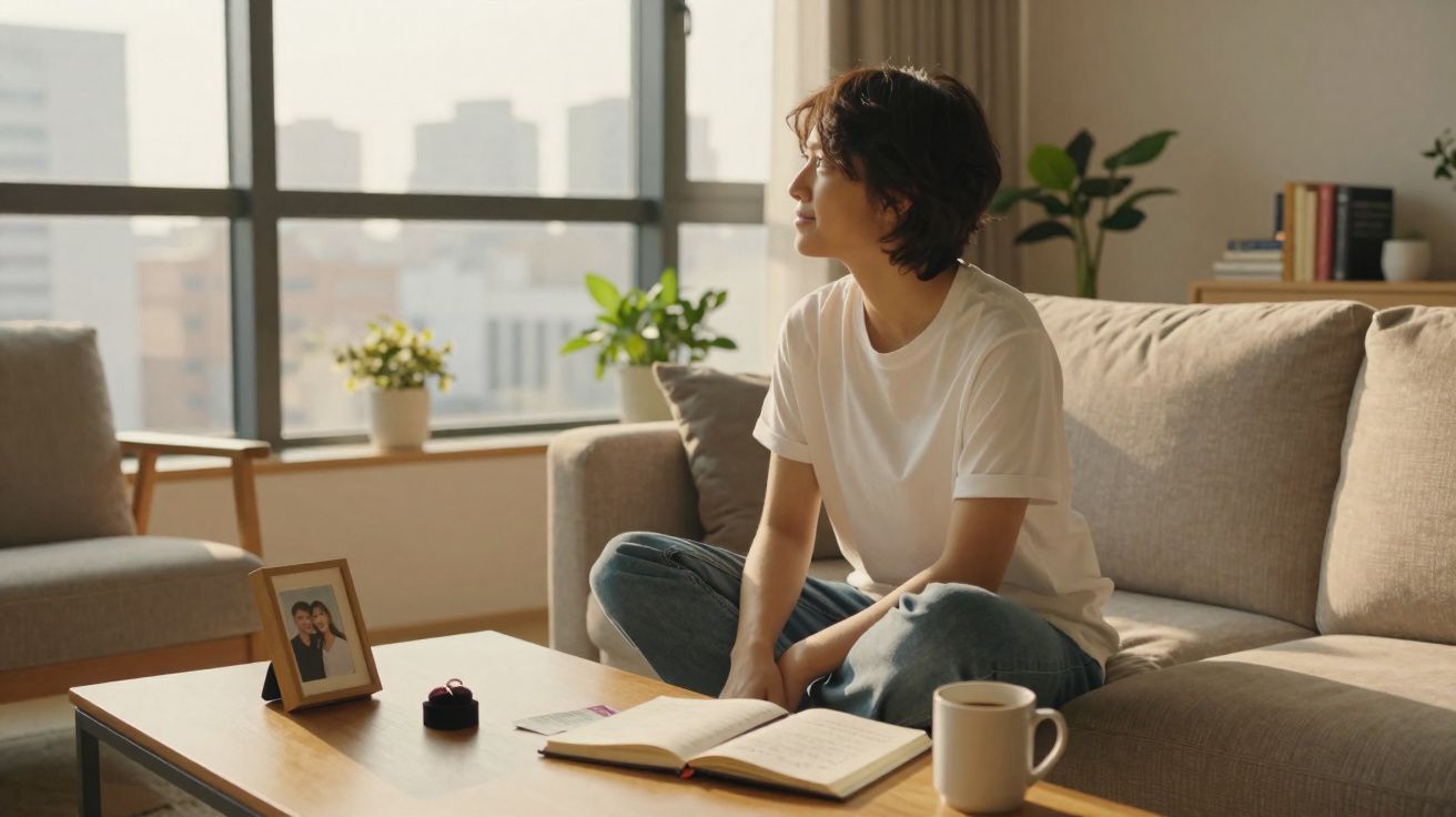 Pessoa sentada no sofá olhando pela janela, com caderno aberto e xícara na mesa de centro.