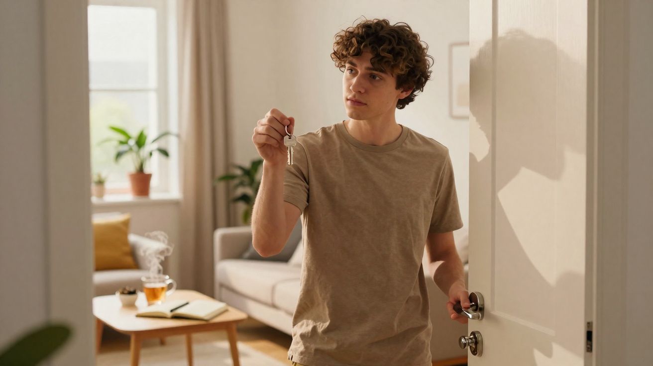 Jovem segurando chave e abrindo porta em ambiente iluminado e decorado com sofá e planta.