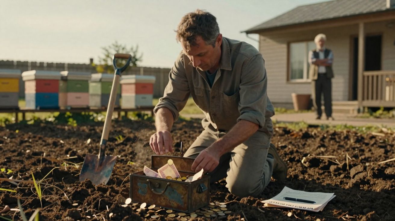Homem agacha em jardim cavando e recolhendo moedas e notas dentro de um baú velho enquanto outra pessoa observa ao fundo.