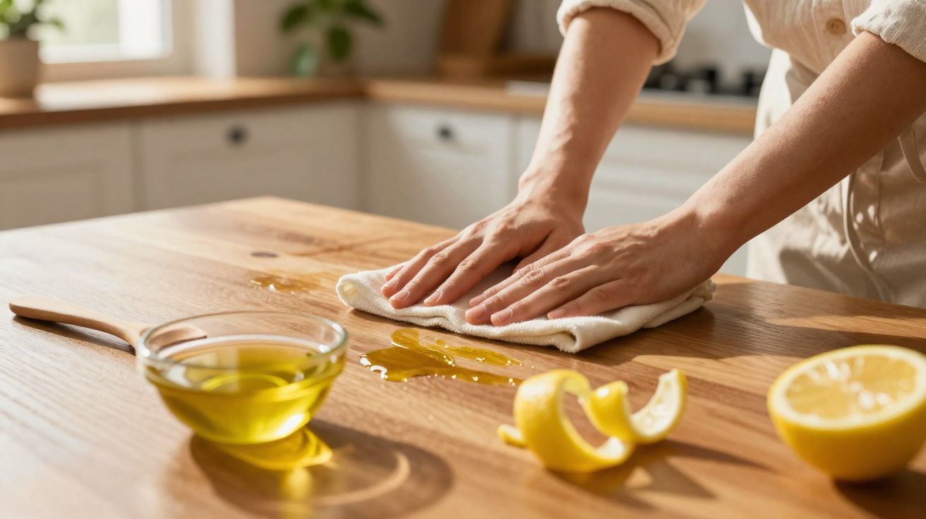 Pessoa limpando óleo derramado de bancada de madeira na cozinha com pano branco, ao lado de limão e azeite.