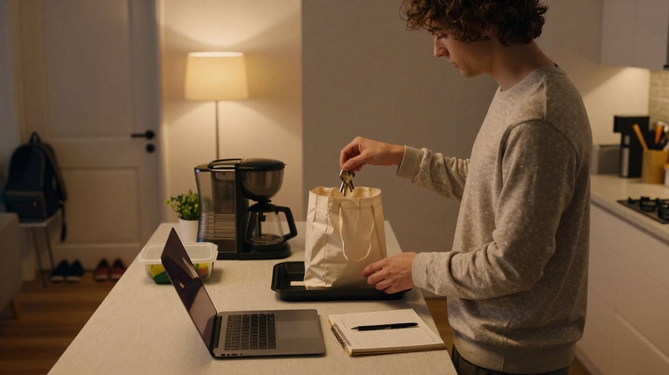 Homem em cozinha colocando chave dentro de sacola de papel ao lado de notebook e caderno.