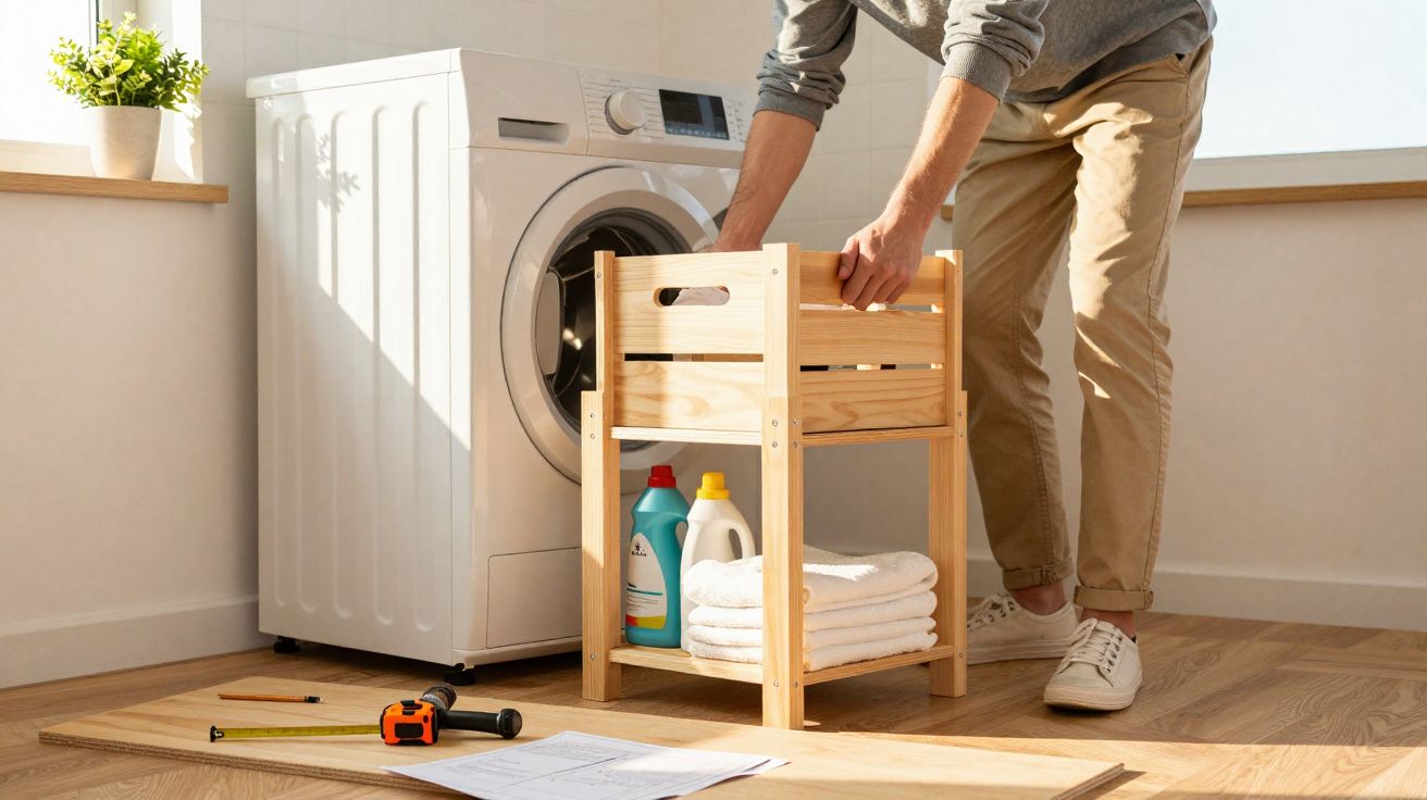 Pessoa instalando máquina de lavar com caixa de madeira contendo produtos e toalhas dobradas.