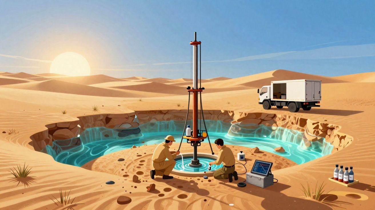 Dois trabalhadores coletam água em uma nascente no deserto próximo a um caminhão branco ao pôr do sol.