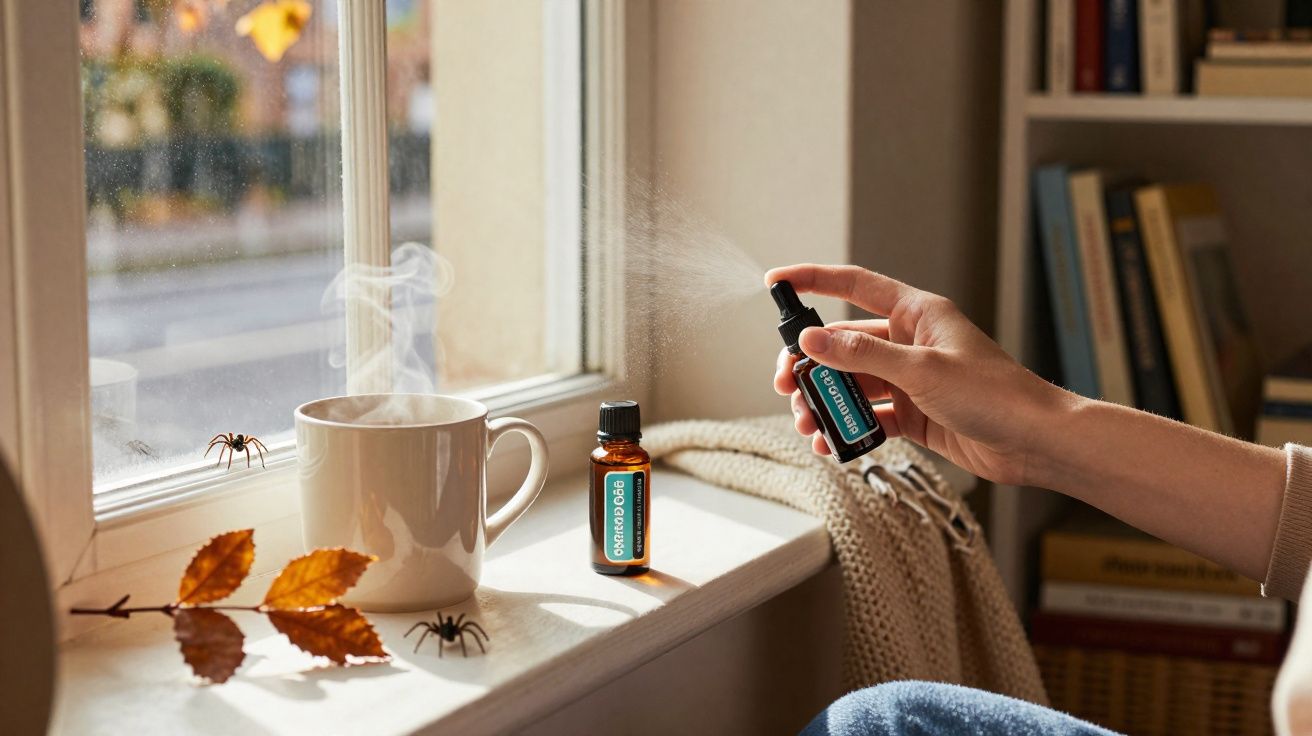 Mão borrifando spray aromático em janela com xícara, folhas secas, duas aranhas e livro ao fundo.