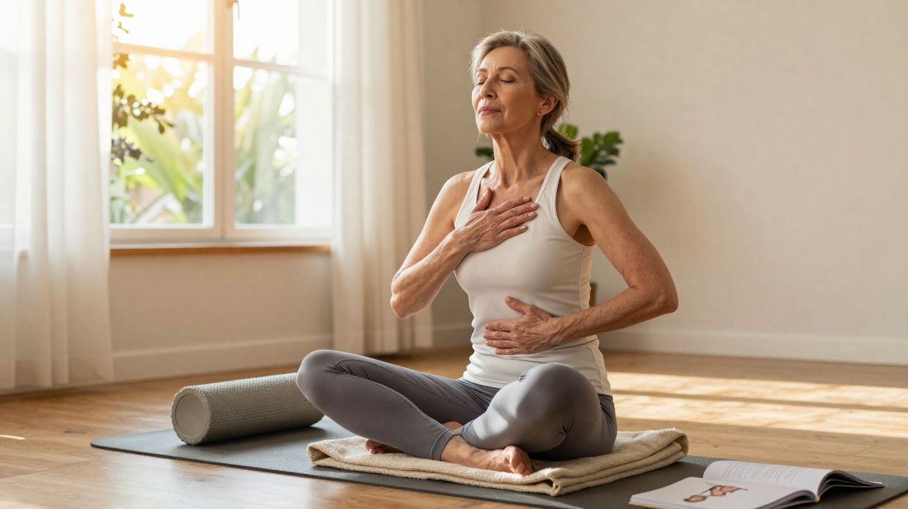 Mulher prática meditação sentada no chão, com as mãos no peito e abdômen, ambiente iluminado.