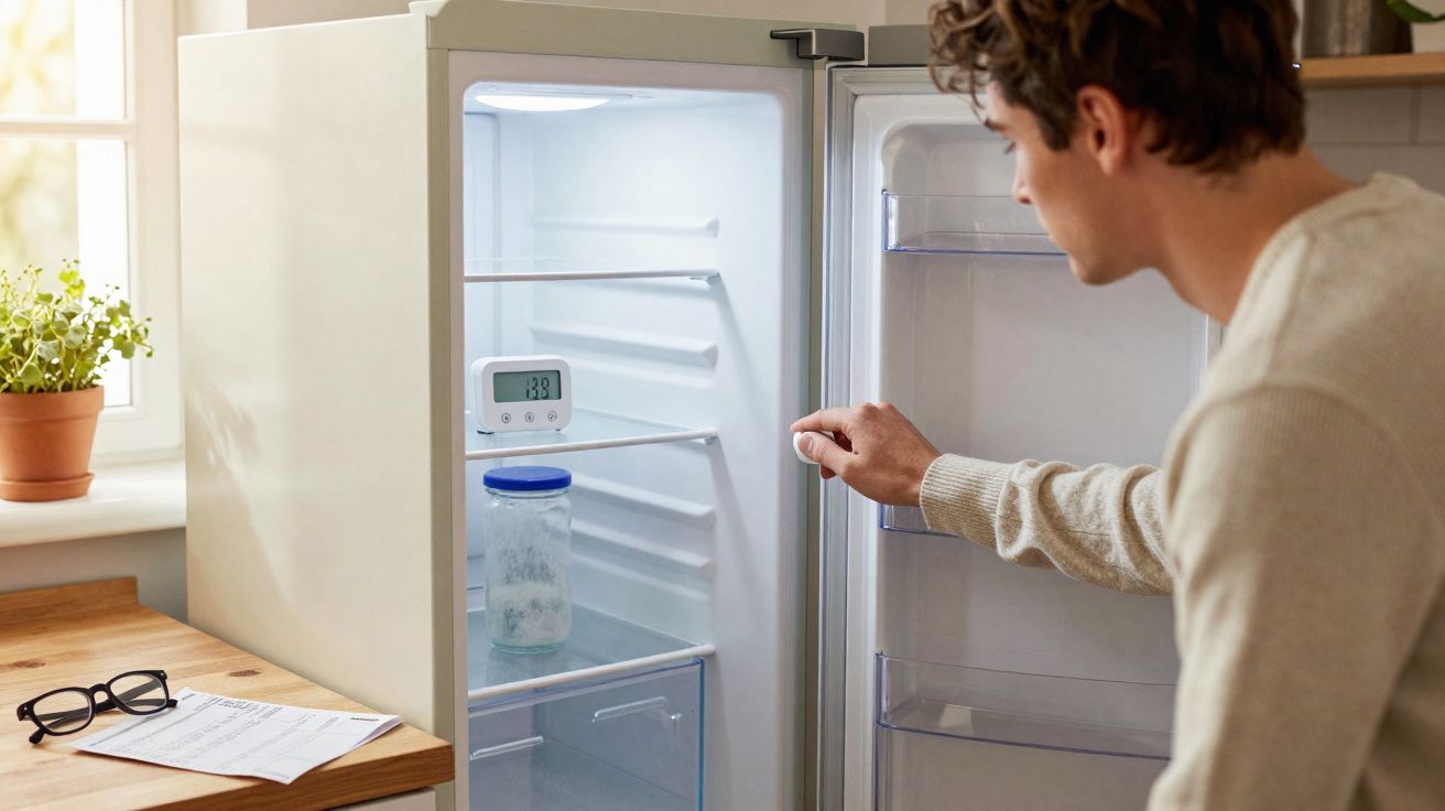 Homem abre geladeira branca quase vazia com termômetro digital interno mostrando 3,8°C.