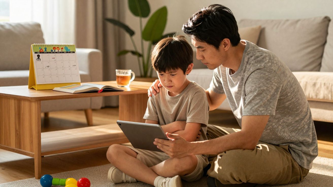 Pai e filho sentados no chão da sala usando tablet, com brinquedos e mesa ao fundo.