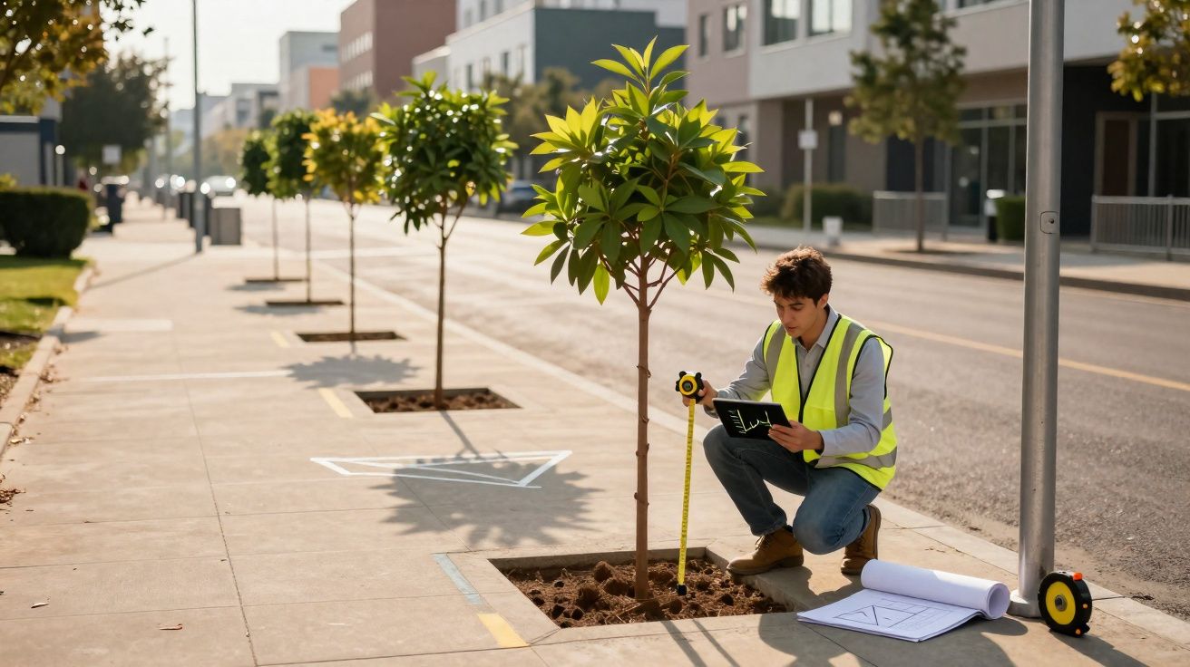 Homem com colete refletivo mede o perímetro de uma árvore jovem em calçada urbana com plantas e prédios.