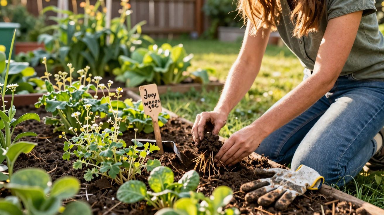 Pessoa plantando muda em jardim com luvas de jardinagem ao lado sobre canteiro de terra.